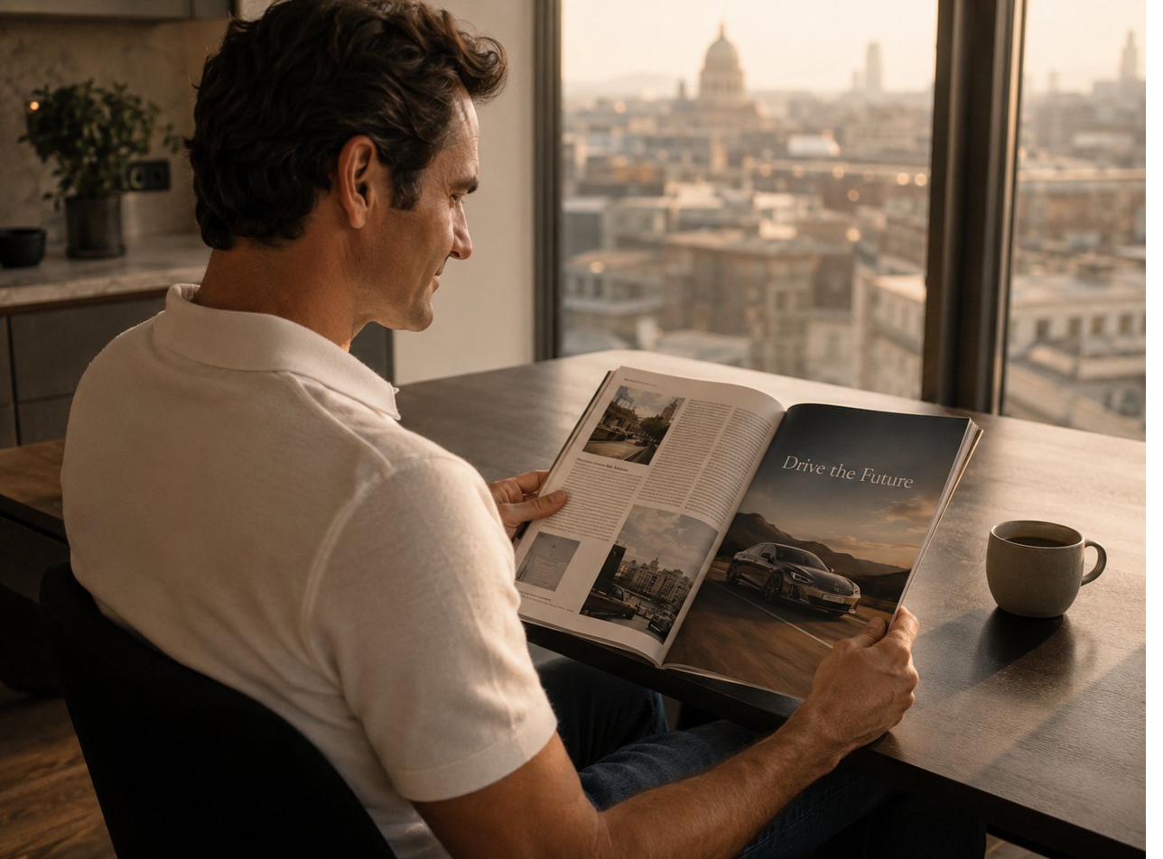 Man leest een magazine met een paginagrote advertentie